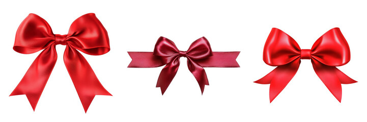 Three Red Satin Bows, Gift Decoration, Isolated on Transparent Background, ribbon, design, Gift wrap, present, decoration