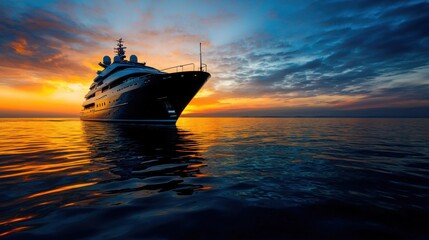 Obraz premium A lavish yacht rests in calm waters as the lively colors of sunset illuminate the sky, creating a serene atmosphere perfect for evening relaxation