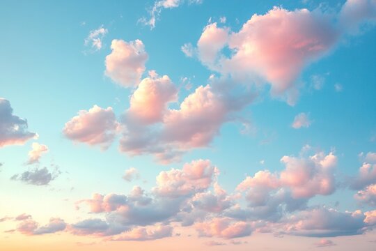 Rosy clouds float across a pastel sky