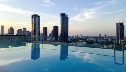 Obraz premium Serene Rooftop Pool with Reflections in a Luxurious Urban Setting