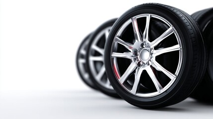 A close-up view of several modern car wheels lined up. The shiny alloy rims contrast beautifully with the black tires. Perfect for automotive themes or product showcases. AI