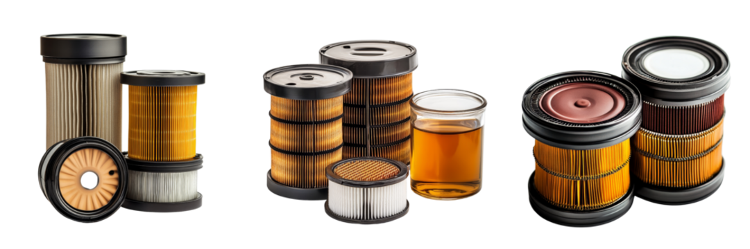 Group of Oil Filters and Lubricant, Composition Still Life, Isolated on Transparent Background, Industrial Product, oil filter, lubrication, industrial equipment