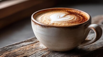 Coffee art latte with milk foam in warm tone morning vibe concept. A warm cup of coffee with beautiful latte art on wooden table.