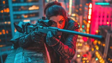 Urban sniper woman aiming rifle at night cityscape