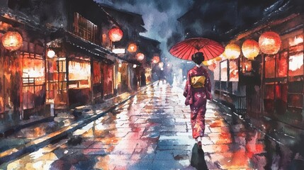 京都,街並み,夜,舞妓,着物,日本,日本の景色,後ろ姿,伝統的