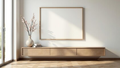 Modern interior design, empty frame on parquet, console table with vase , aesthetic, parquet floor, simple