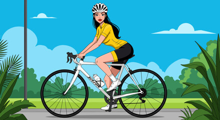 Obraz premium Summer healthy sports lifestyle: Cartoon illustration of a woman road cycling on a scenic route with tropical foliage and mountains under a bright sky. Active summer ride