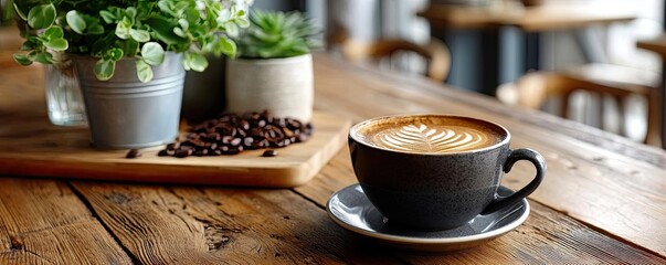Coffee art latte on table with beans and warm tone concept. A cozy coffee cup with latte art on a wooden table.