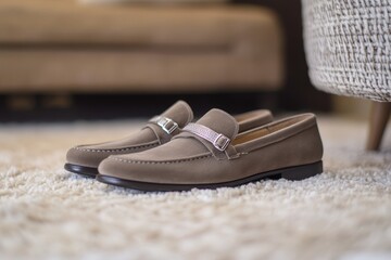 Elegant taupe loafers on a beige rug.