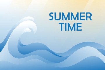 Summer time text on a quiet sea wave background. Blue simple abstract giant ocean wave backdrop.