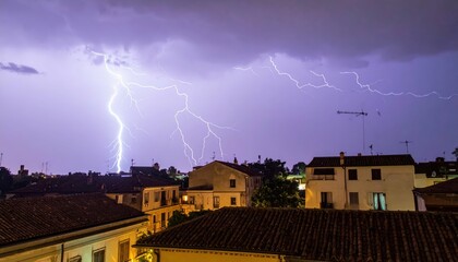 Dramatic Rooftop View Under Lightning Strike at Dusk