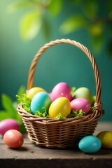 Colorful Easter eggs in wicker basket on rustic wooden table Springtime scene , wooden table, texture