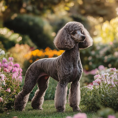 A Middle-Size Poodle standing gracefully in a blooming garden