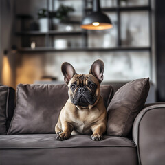 french bulldog puppy sitting on a sofa