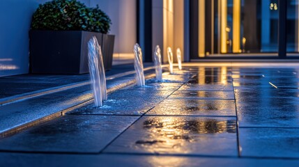 Nighttime water feature, modern patio, building background, luxury design