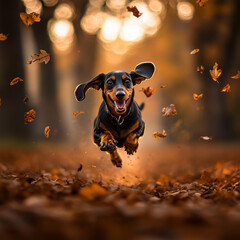 an adorable dachshund puppy running in autumn park