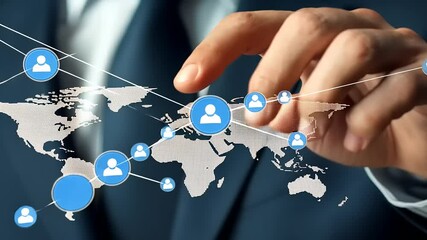 Businessman interacting with a global network map, connecting people icons, showcasing digital communication - Powered by Adobe