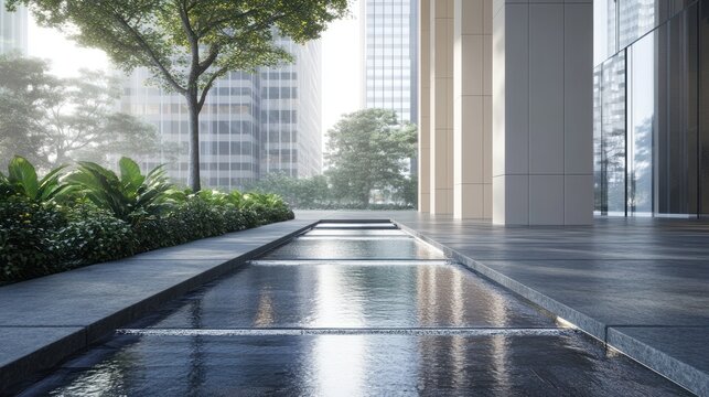 Modern building entrance, water feature, city view, tranquil oasis, architectural design