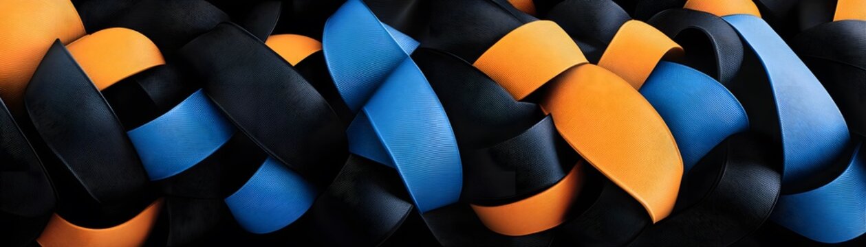 Intricate interwoven bands of blue and orange.