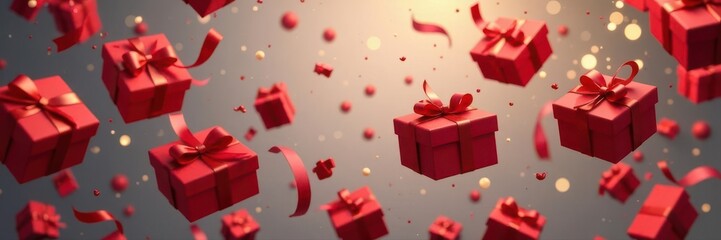 Obraz premium Red gift boxes with bows, flying, surprise holiday concept , white, wrap