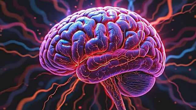 surreal depiction of a human brain, luminescent pathways depicting thought processes, rich color gradients highlighting neural networks, rich textures