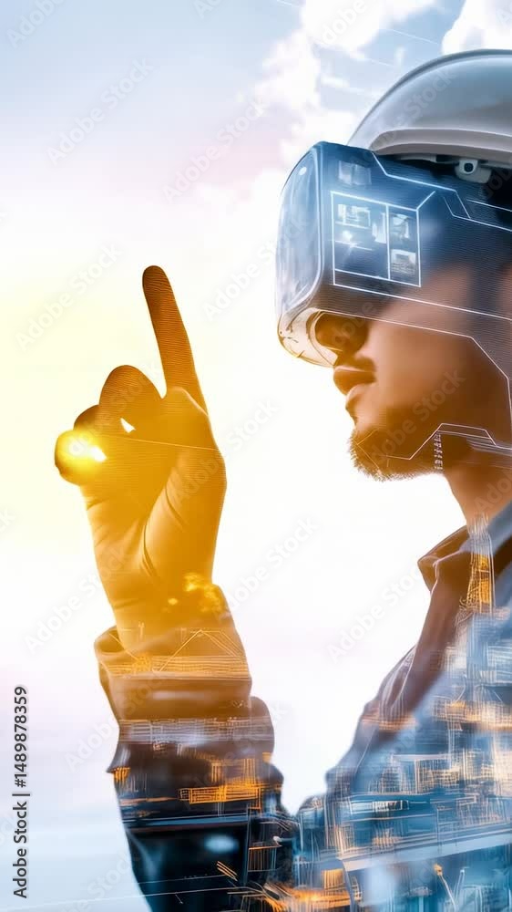 Poster blended image of engineer wearing virtual reality headset, manipulating digital control interface fo