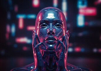 Metallic humanoid figure with hands on face creates a futuristic and emotional visual experience.