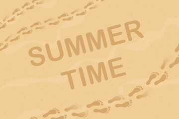 Summer time text on sand with footsteps path. Top view of footsteps on a beach background.