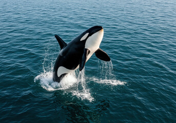 Fototapeta premium A magnificent orca whale leaps out of the water in a display of power and grace.