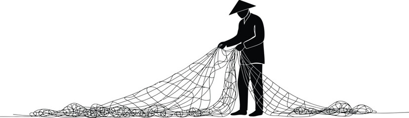 Fisherman Untangling Net - Minimalist Vector Design