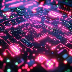 Fototapeta premium Circuit board glowing with vibrant pink light