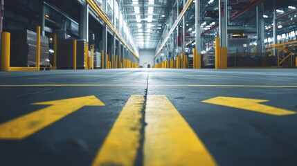 Warehouse interior, aisle, logistics, industrial, floor markings, storage, operations, perspective
