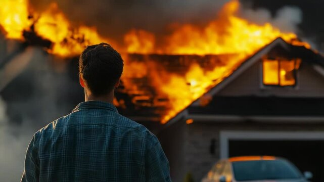 Man watches house engulfed in flames, hands on head in despair.