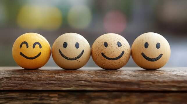 Four smiley face balls aligned on a wooden surface creating a cheerful and positive vibe scene