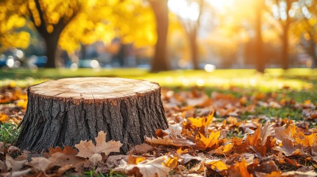 Autumn tree stump park fall leaves background