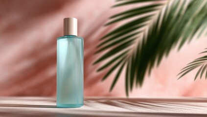 Light teal bottle on blush backdrop with palm leaf
