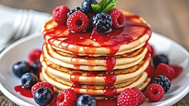 stack of pancakes with berry sauce and mint leaves on white plate delicious breakfast or dessert