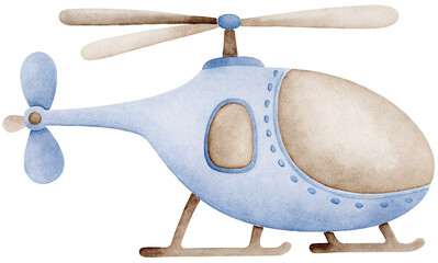 Watercolor illustration of a light blue helicopter on a transparent background. © beyouenked