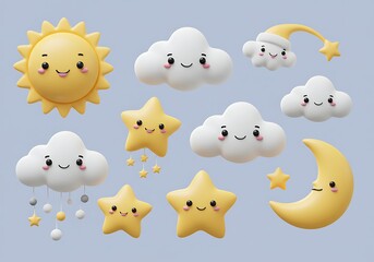 Whimsical 3D render showcasing smiling sun, moon, stars, and clouds against a soft background.