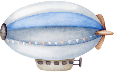 Watercolor illustration of a blue and white airship with pennant banner on transparent background. © beyouenked