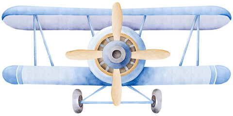 Watercolor light blue biplane with propeller front view on transparent background. © beyouenked
