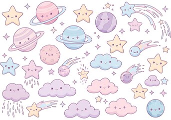 Cute pastel space elements: smiling planets, stars, clouds, and comets create a joyful, dreamy