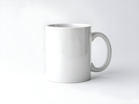 Minimalist white ceramic mug isolated on white background, ideal for mockups, branding, product presentation, sublimation printing, coffee shop marketing, and online store displays.