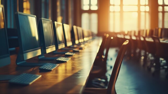 Sunlit computer lab; rows of desktops; education; library background; technology learning