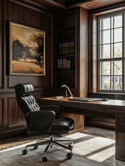 Sunlit corner office with dark wood paneling, a large desk, leather chair, and landscape painting.  Bookshelves flank the desk, sunlight streams through a large window
