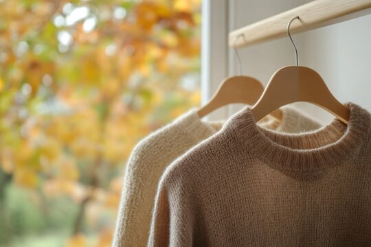 Cozy autumn sweaters hanging by window with fall foliage view. Warm knit pullovers for cold weather. Seasonal wardrobe concept for fashion and clothing store advertisement - Powered by Adobe