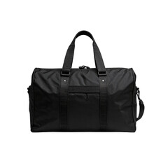 Fototapeta premium Stylish black travel duffle bag isolated on gym dark on transparent background