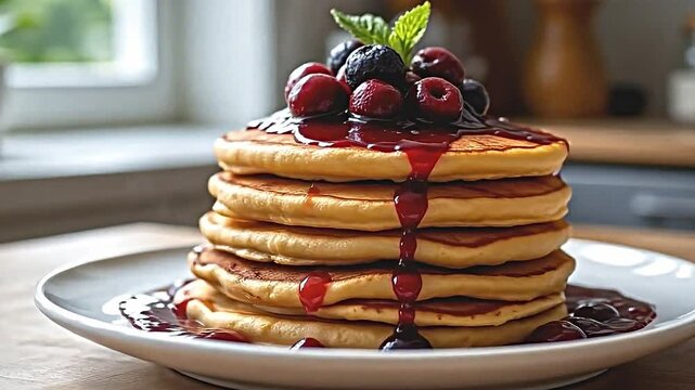 stack of golden brown pancakes topped with a rich, vibrant berry sauce drizzling down the sides, fresh mint leaves elegantly placed on top