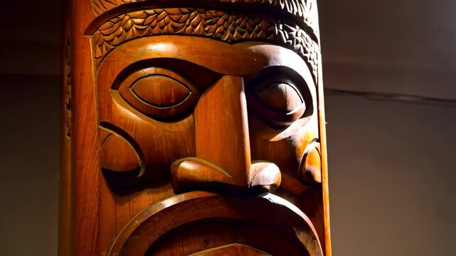 Close-up of intricately carved wooden tribal totem face, showcasing rich wood grain and detailed craftsmanship with traditional symbolic features.