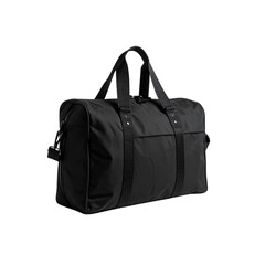 Naklejka premium Stylish black travel duffle bag isolated on black gym on transparent background